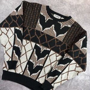 Grandpa Sweater Mens L Brown White 90s Cosby Knit Aztec Acrylic Polyester